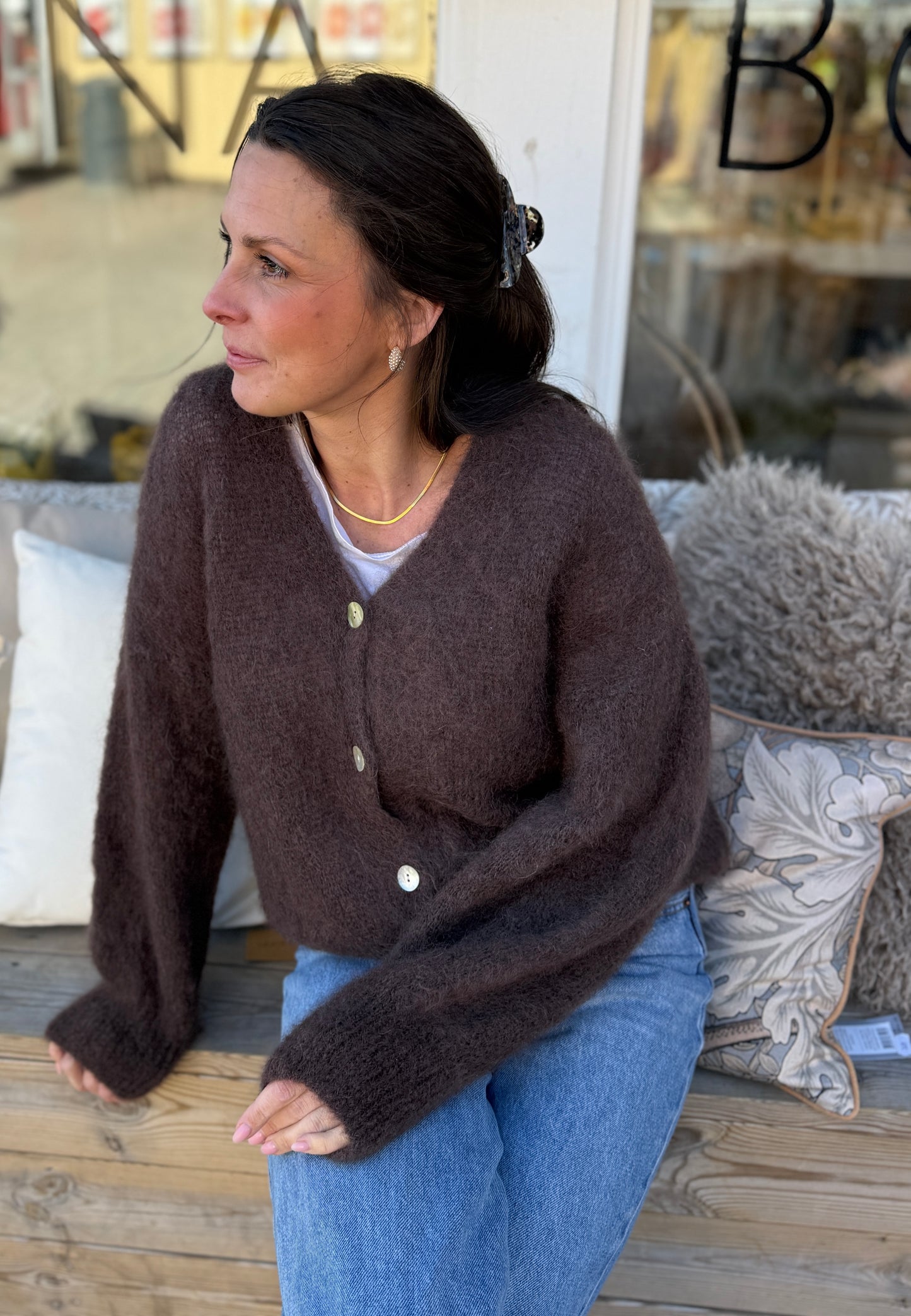 Mohair 80% Kofta med knappar, Brun