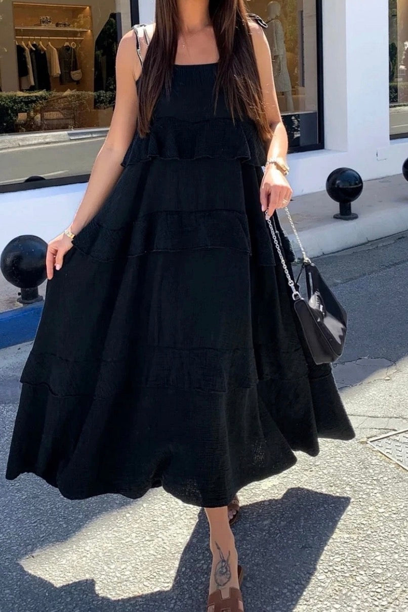 Rosie Långklänning, Med volang, Svart, One Size