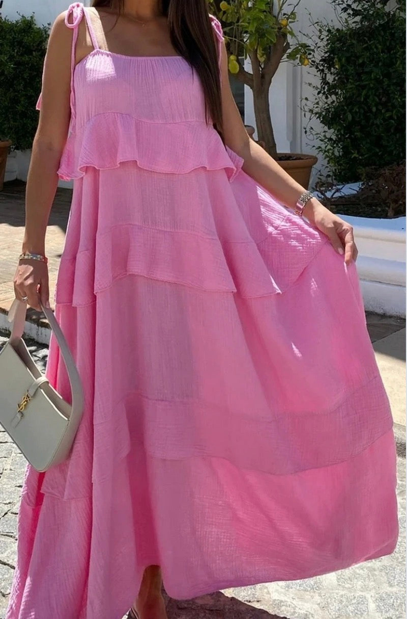 Rosie Långklänning, Med volang, Rosa, One Size