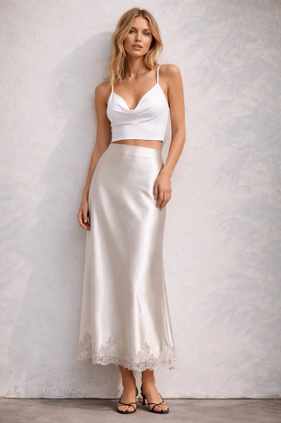 Mochy Satin kjol med spetskant, Beige