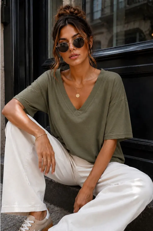 V-ringad T-shirt, One size, Kaki