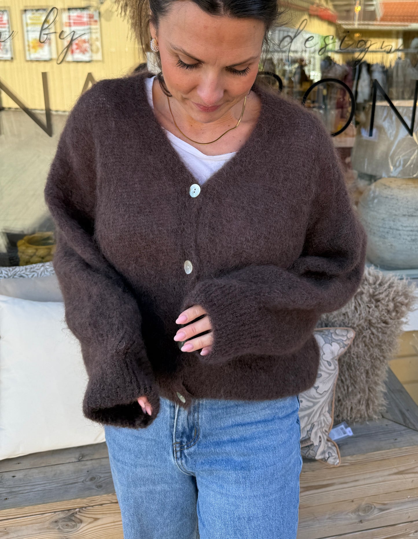 Mohair 80% Kofta med knappar, Brun