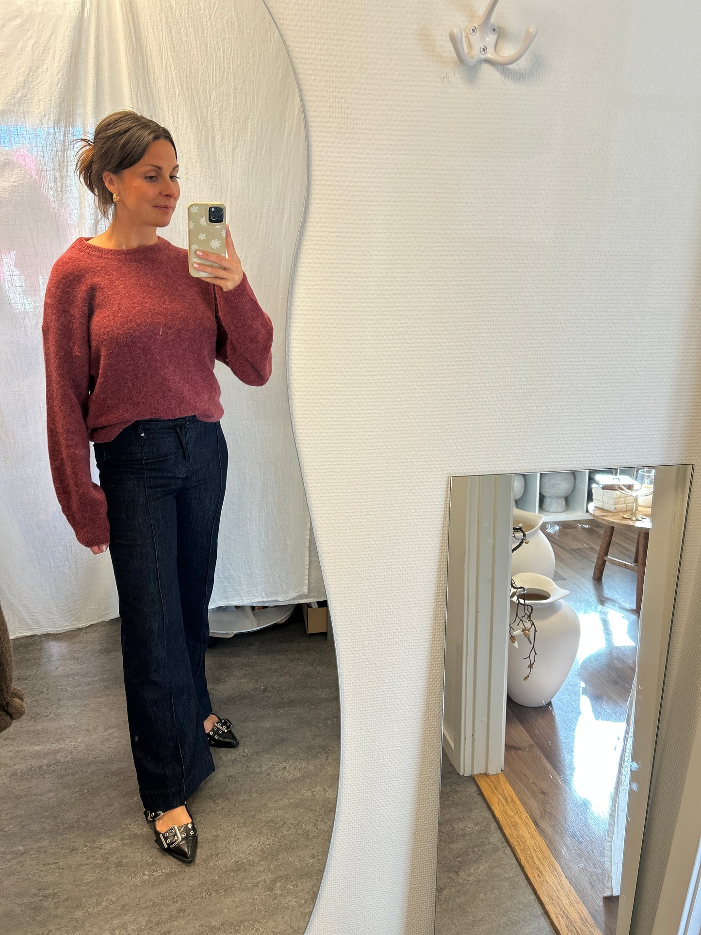 Midjehöga jeans med pressveck, Mörkblå