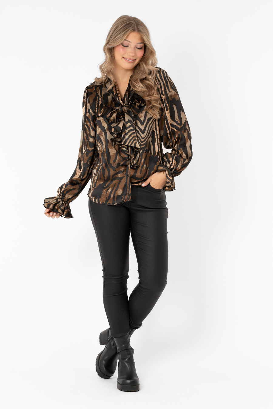 CHIARA BLOUSE DARK CHOCLATE/BLACK/SAND