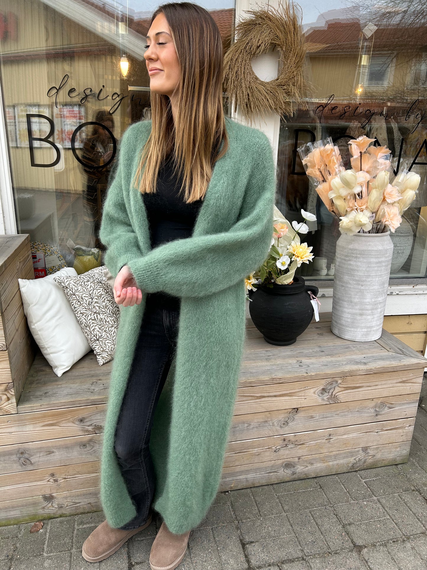Cornelia Mohair Kofta Lång, Grön