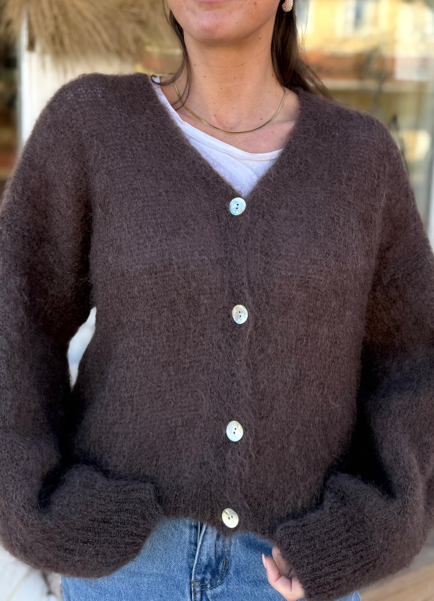 Mohair 80% Kofta med knappar, Brun