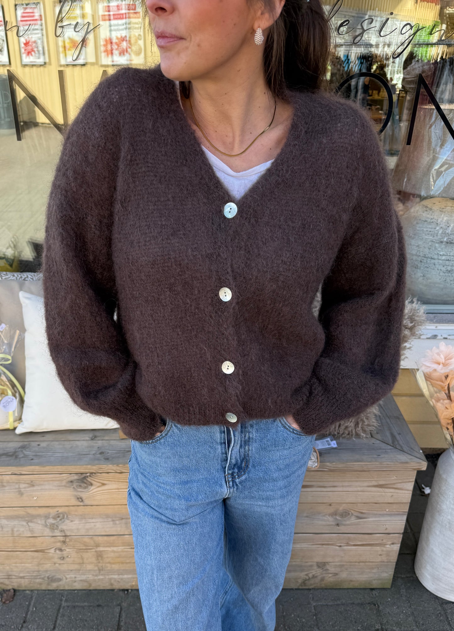 Mohair 80% Kofta med knappar, Brun
