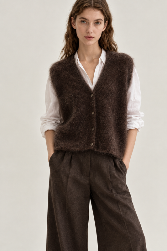 Mohair 80% Väst med knappar, Brun