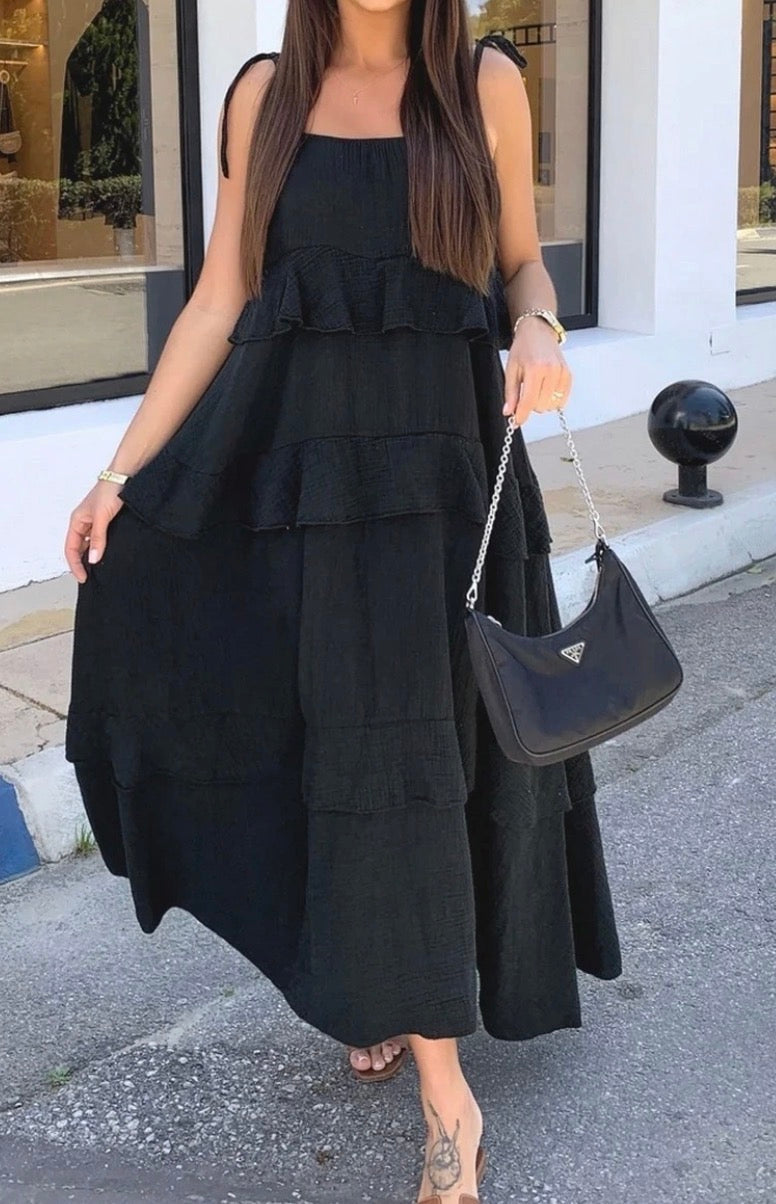 Rosie Långklänning, Med volang, Svart, One Size