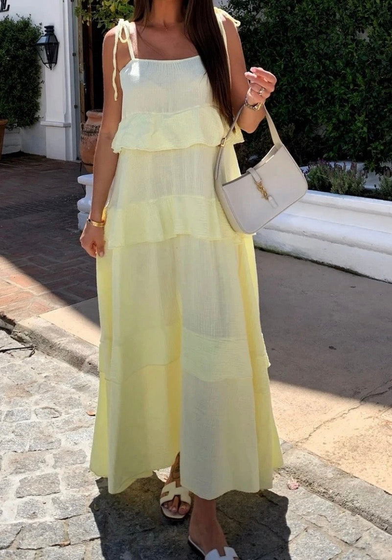 Rosie Långklänning, Med volang, Ljusgul, One Size