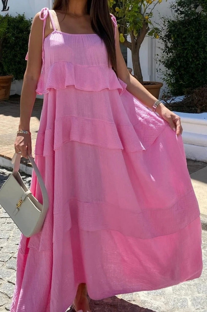 Rosie Långklänning, Med volang, Rosa, One Size