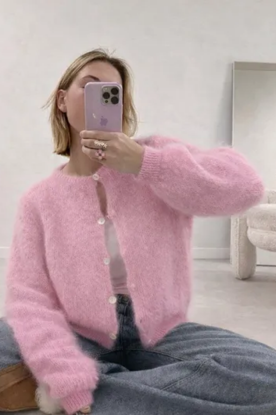 Mohair kofta med pärlemoknapp, Rosa