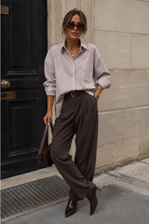 Oversized randig skjorta - Brun/vit