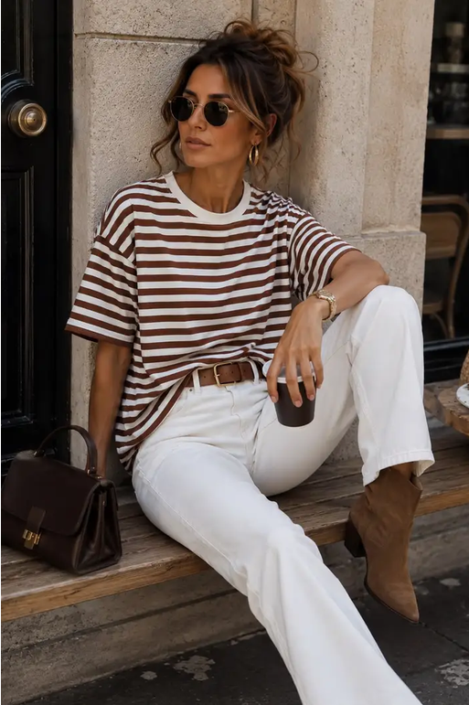 Oversized Randig T-shirt –  - Brun/vit