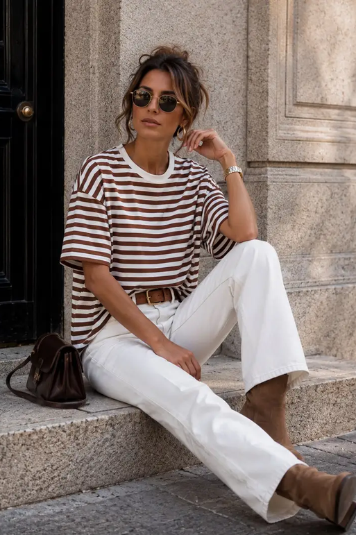 Oversized Randig T-shirt –  - Brun/vit