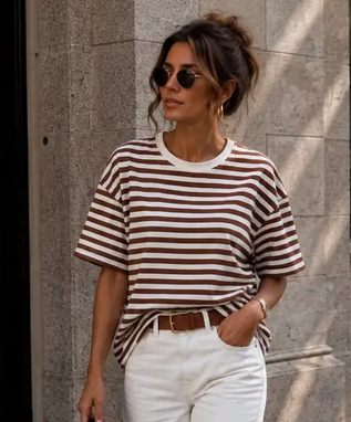 Oversized Randig T-shirt –  - Brun/vit