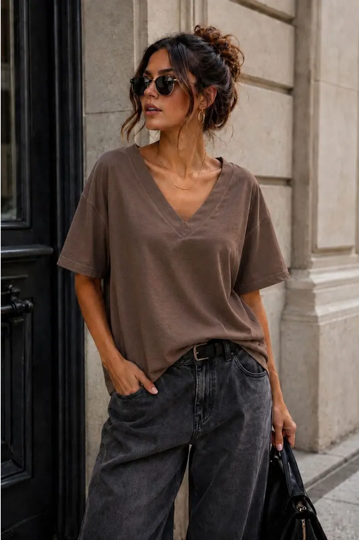 V-ringad T-shirt, One size, Brun