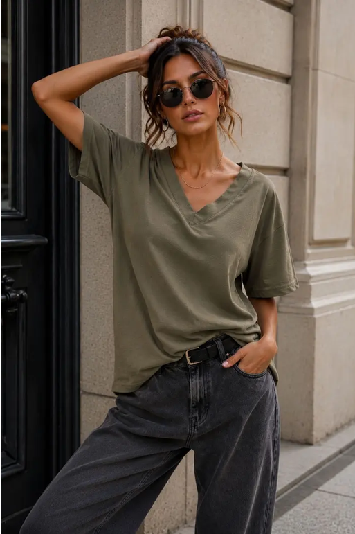 V-ringad T-shirt, One size, Kaki