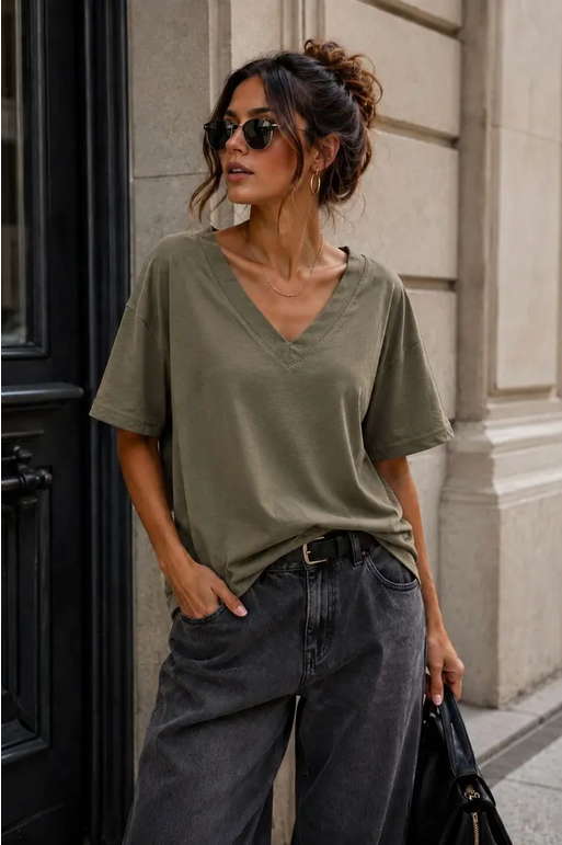 V-ringad T-shirt, One size, Kaki