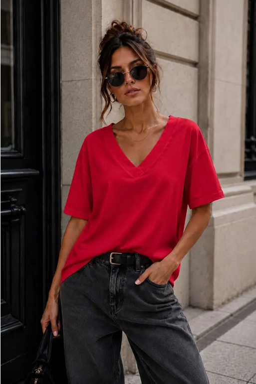V-ringad T-shirt, One size, Röd