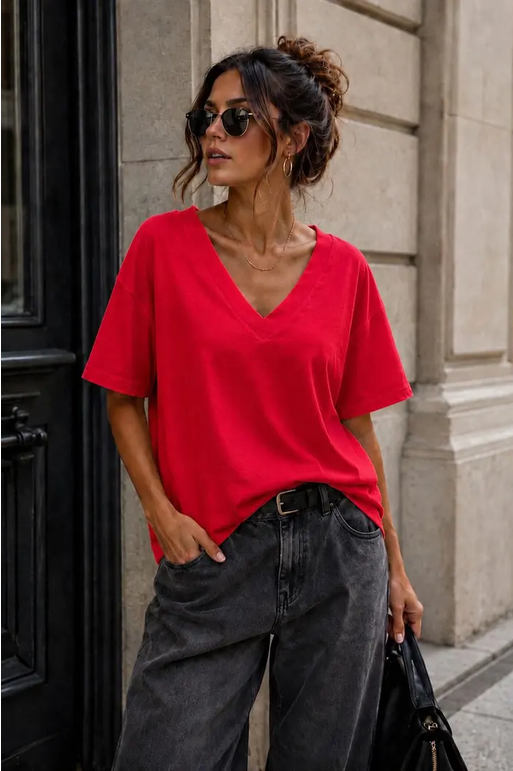 V-ringad T-shirt, One size, Röd