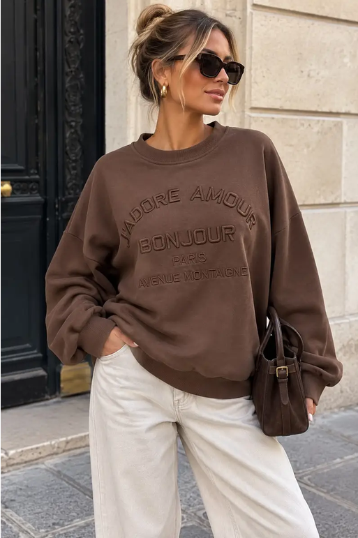 Oversized sweatshirt, Bonjour, Brun