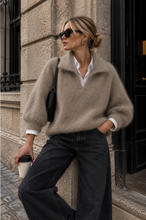 Mohair 80%, Taupe, V-ringning & krage